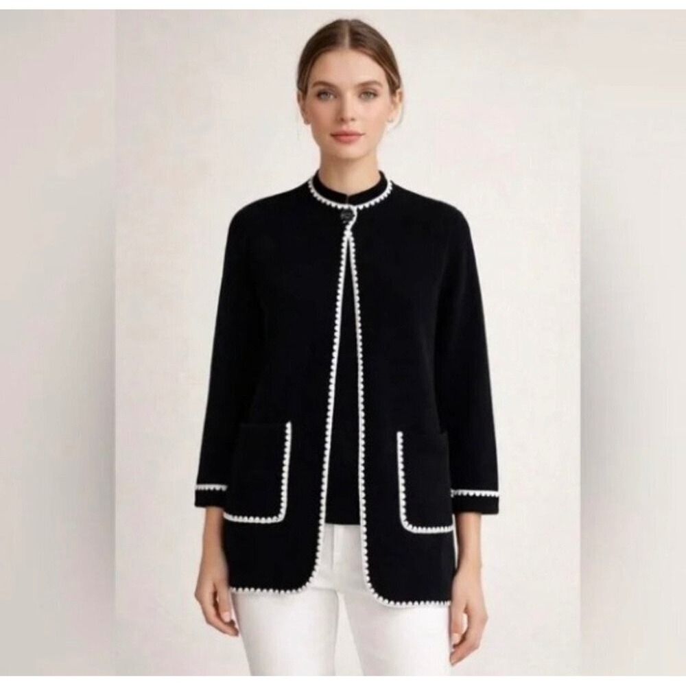 Sioni Womens Black White Scalloped Trim Longline Open Front Cardigan Sweater S